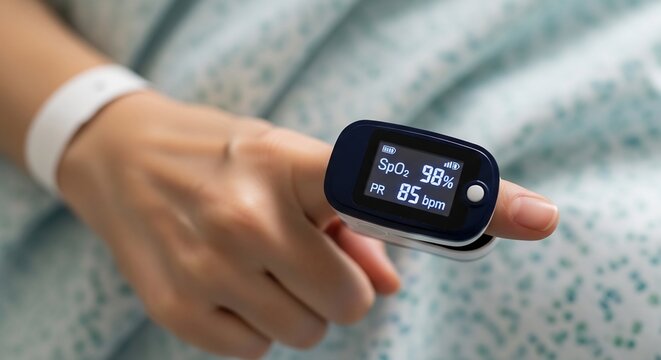 Close-up of a finger pulse oximeter showing oxygen saturation.