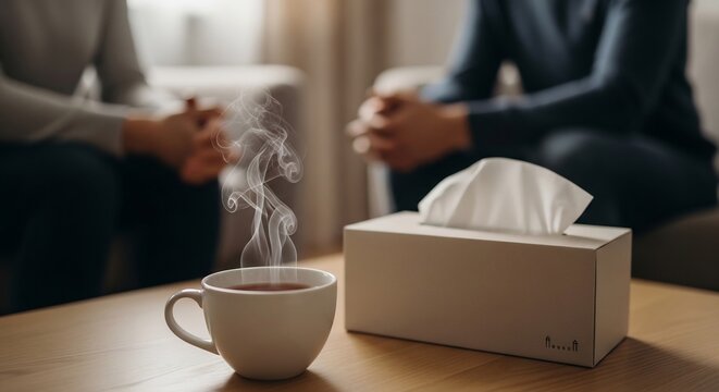 Therapy Session: Coffee Tissues and Support in a Counseling Setting.