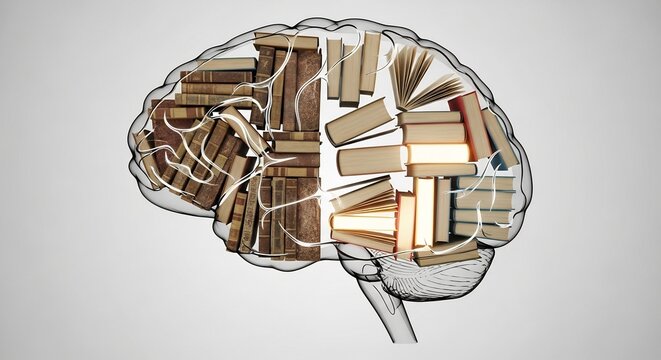 Brain filled with books representing knowledge and learning.