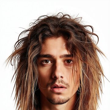 Young man with long shaggy hair, brown eyes, and stubble beard looks directly forward against a clean white background. His messy hair covers part of his face, suggesting a carefree or wild look.