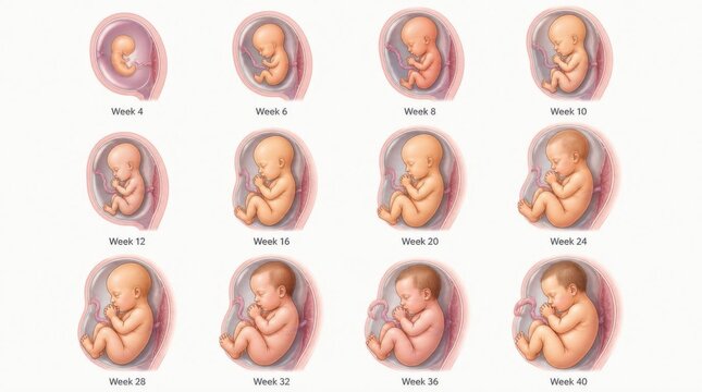 Medical illustration showing the stages of human fetal development in the womb from week eight to week forty of pregnancy.