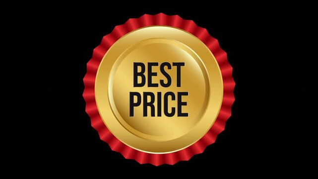 Animated Shiny Gold and Red Rosette Ribbon Best Price Stamp Badge Looping Motion Graphic on Transparent Background
