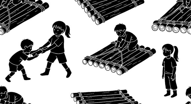 Children Playing Together With Toy Marimba Instruments Silhouettes.