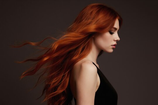 Young woman with vibrant long red hair styled in waves. She wears black dress with dark background. Her face shows subtle makeup and serene expression. This portrait emphasizes hair beauty and shine.