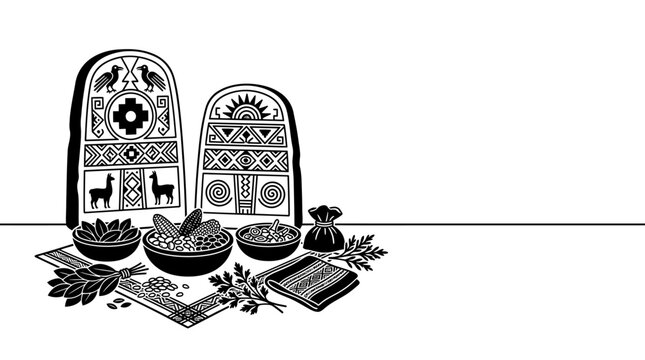 Andean Culture Illustration: Offerings, Llamas, Sun Symbols & Textiles