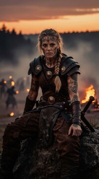 Woman viking warrior sits on rock. She has face and body tattoos. Background shows fire and forest at dusk. She looks fierce and ready for battle.