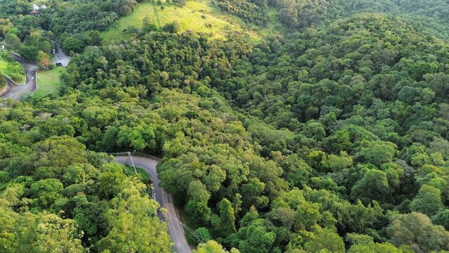 Uma estrada tur&iacute;stica em meio &agrave; floresta do bioma Mata Atl&acirc;ntica, na cidade de S&atilde;o Roque, interior do Estado de S&atilde;o Paulo, Brasil, em uma imagem a&eacute;rea obtida com drone.