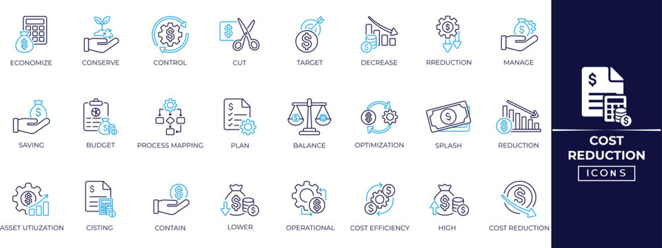 Cost Reduction editable line icon set. Efficiency, operating, plan, profit, target, balance, budget, and more. Outline icon collection.