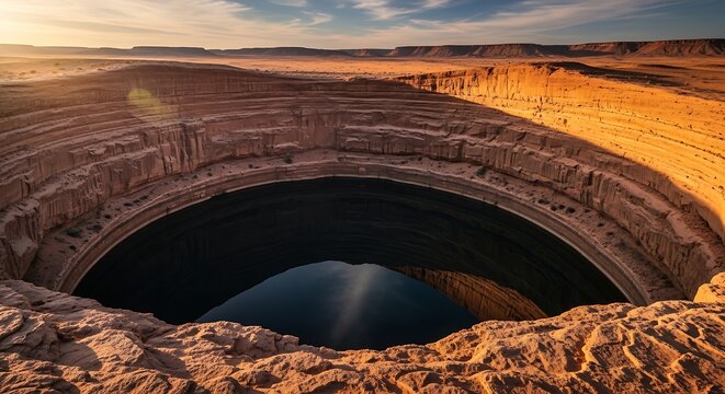 Aerial view of a massive natural sinkhole in a desert landscape at sunset