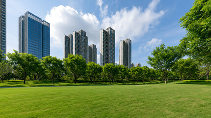 Obraz premium Modern City Skyline Behind Open Park Lawn and Fresh Green Trees