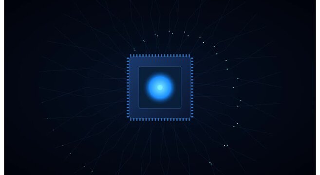 Digital cpu processor chip with glowing data network animation