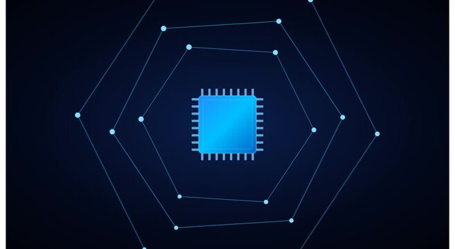 Digital cpu processor with rotating geometric data animation