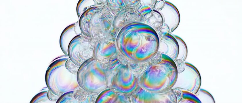 Merging Iridescent Bubbles Forming an Abstract Conical Christmas Tree