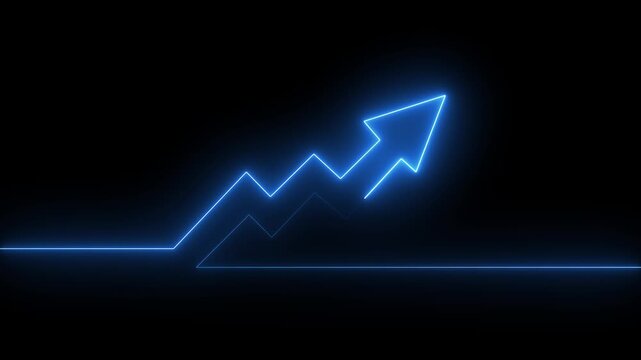 Glowing neon arrow business graph chart icon animation on black background. Market Recovery Concept. Successful growth trend Green line graph going Up.
