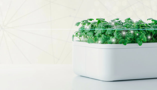 Fresh green microgreens in smart hydroponic system being scanned by blue laser for quality control in futuristic agritech laboratory with abstract network background and bright light