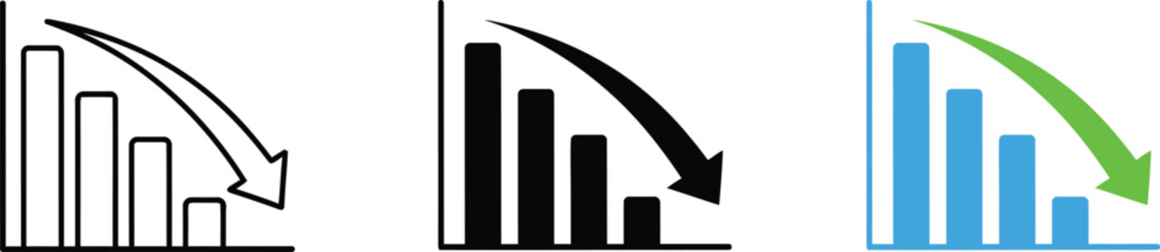 Bar chart business declining graph set in three styles with business growth business financial statistics decrease negative analysis illustration collection downward