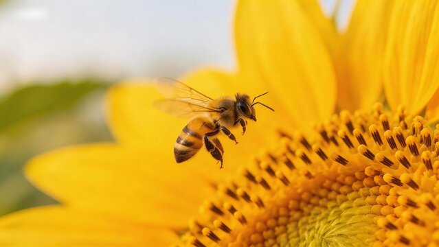 Bee hovering near sunflower