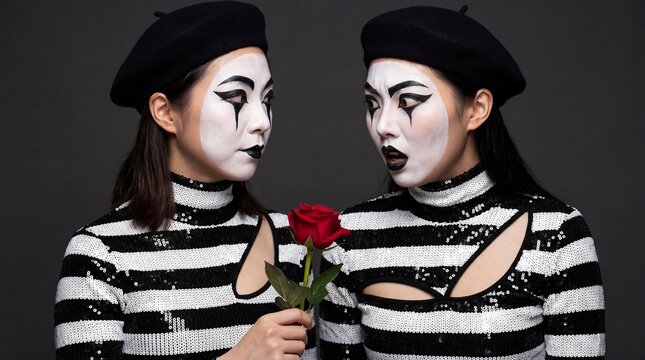 Two mime-style women in striped sequined tops and black berets share a dramatic, expressive glance over a red rose, creating a playful, theatrical, and high-fashion narrative.