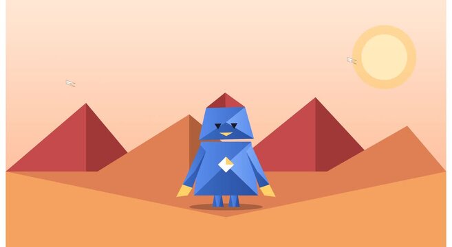 Origami bird character in desert landscape motion animation