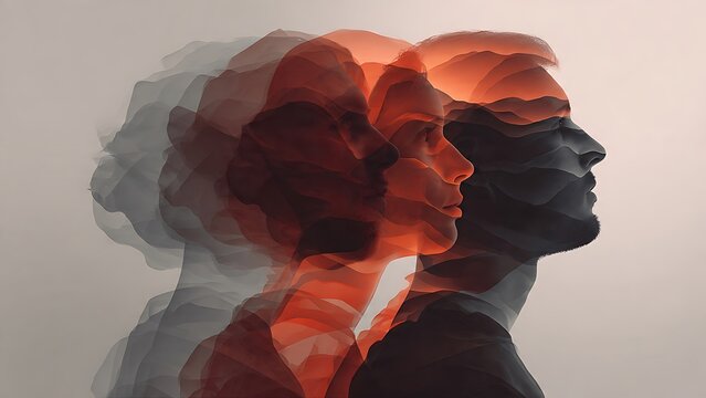Abstract artistic double exposure portrait of profiles showing mental distortion, anxiety, or split identity. Concept of psychological struggle, mental health, confusion, and memory loss.