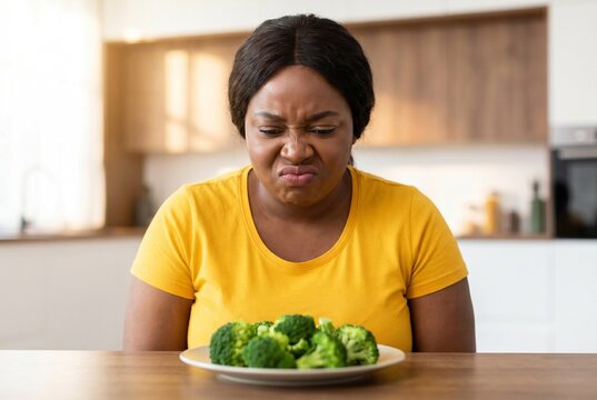  Close-up portrait of an unhappy curvy African American woman looking with disgust at a plate of healthy broccoli on the kitchen table. Humorous concept of picky eating, strict diet struggles
