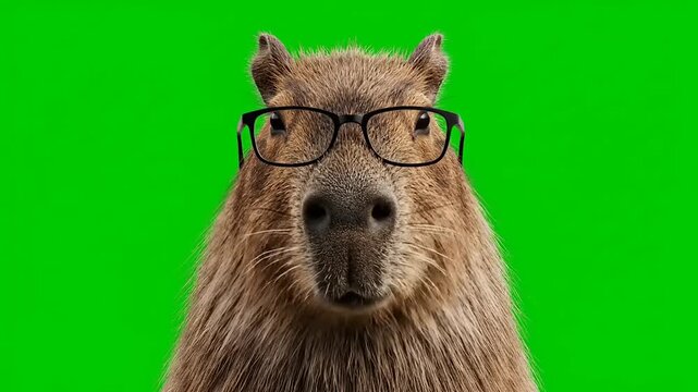Intelligent capybara wearing glasses stares intently forward on a vibrant green screen, perfect for versatile stock video footage and creative compositing projects