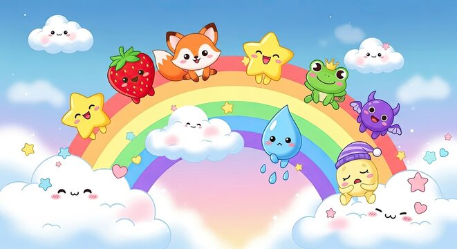 Colorful cartoon animals on rainbow clouds.