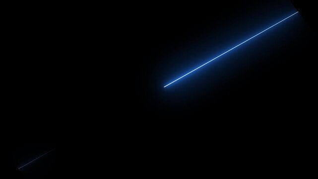 Neon light beams traverse a deep black background while creating sharp streaks of vibrant blue luminescence that cut across the darkness with precise and geometric energy in a minimalist composition.