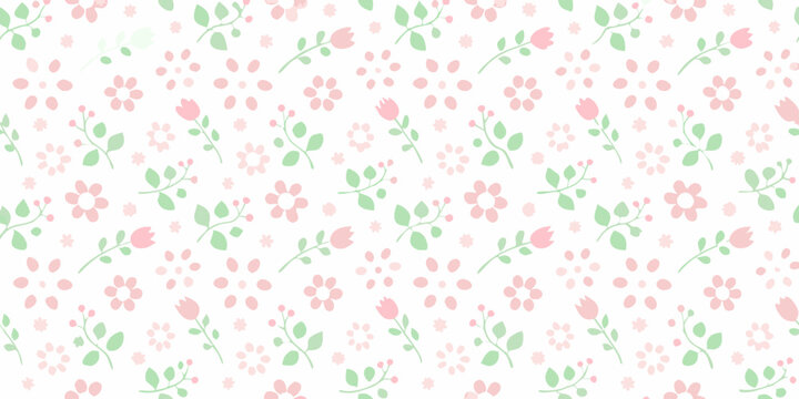 Floral pattern with bunnies and flowers pastel colors on white background