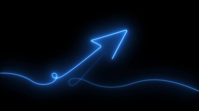 Business graph chart icon animation. Black background 4k video. Abstract growth graph, royal blue arrow moves upward, columns.