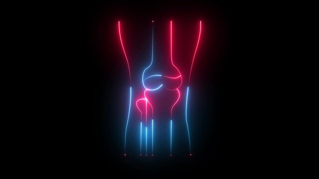 Joint glowing neon line animation. Cartilage animated icon. Squeezing leg, extending. X ray, bones. Physiology, anatomy. Isolated illustration.