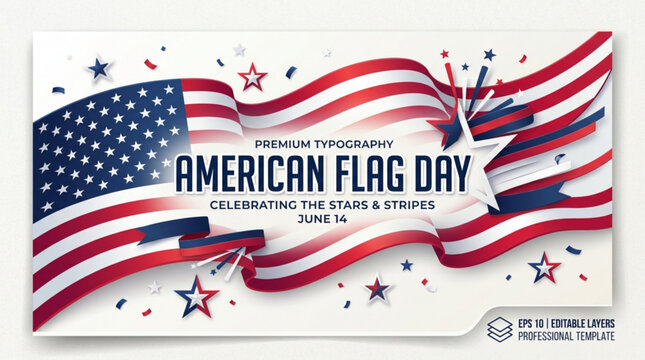 American flag day celebration poster with red white and blue stars and stripes on white background