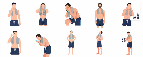 Men Skincare Routine Set, Man Washing Face, Applying Face Mask and Cream, Grooming Steps Vector Illustration
