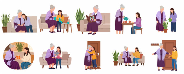 Fototapeta premium Grandmother and granddaughter spending time together flat vector illustration set, family relationship and bonding activities collection.