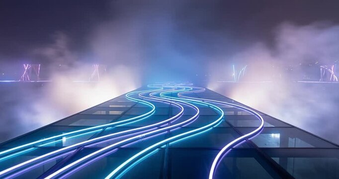 Abstract illuminated pathway overlooking cityscape