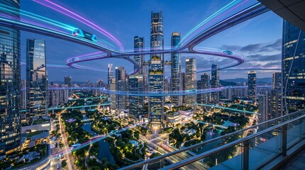 Obraz premium Modern smart city skyline at dusk featuring automated transit pods, light trails, and illuminated high-rise buildings.