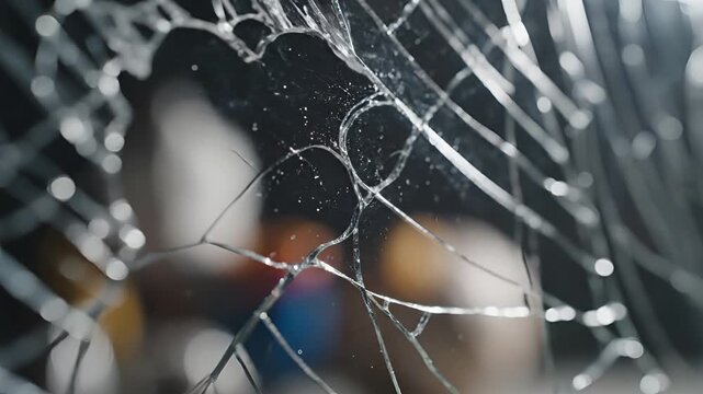 Closeup Macro Shot of a Shattered Smartphone Screen with Cracks.