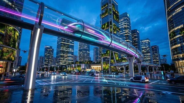 Futuristic urban transit infrastructure with maglev train, light trails, and skyscrapers with vertical gardens.