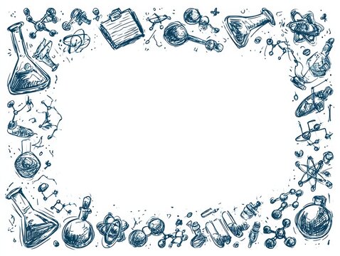 Doodle border frame shows hand-drawn science elements like flasks, atoms, and molecules. The design is in teal ink with a large empty center.