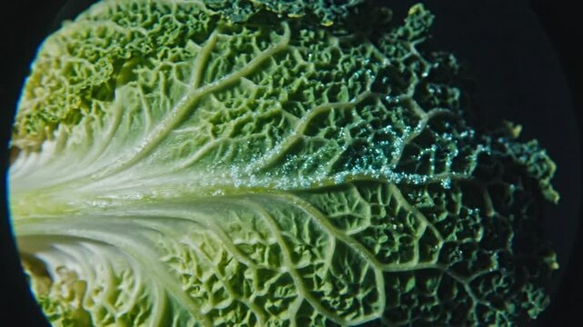 Savoy cabbage leaf macro closeup, detailed view of the textured green vegetable with veins, structure, and patterns