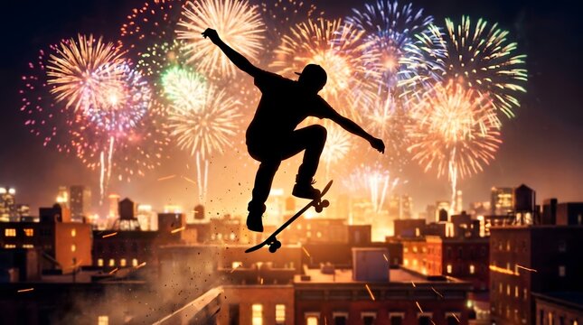 Skateboarder Silhouette Under Fireworks Sky