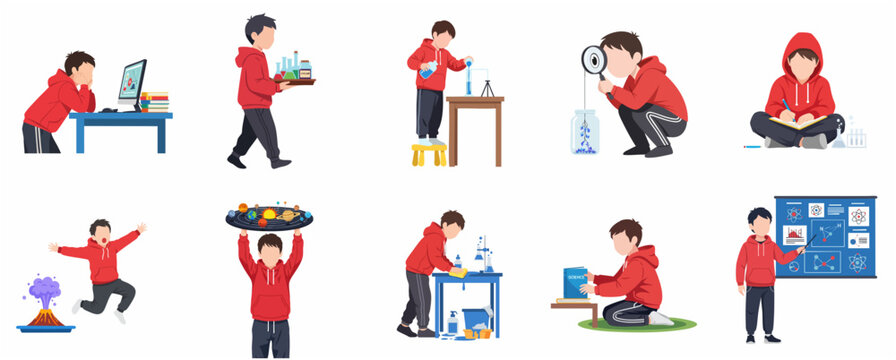 Boy Student Conducting Science Experiments and STEM Activities Illustration Set