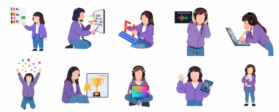 Set of little girl characters studying foreign languages and using educational apps on digital devices for online learning