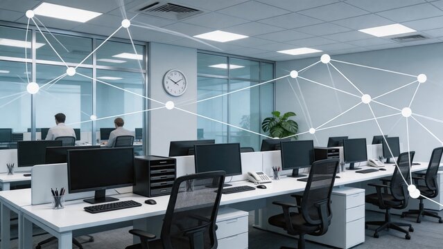 Modern office workspace with computers and network connection lines, teamwork collaboration and digital communication infrastructure concept.