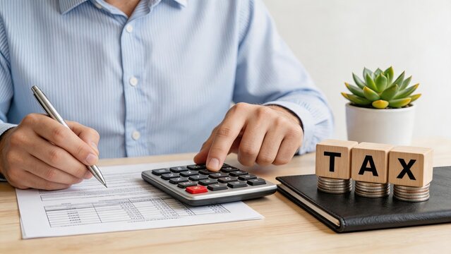 Tax calculation and financial accounting concept featuring wooden blocks spelling tax on coins, calculator and documents on desk, representing budget planning, payment and