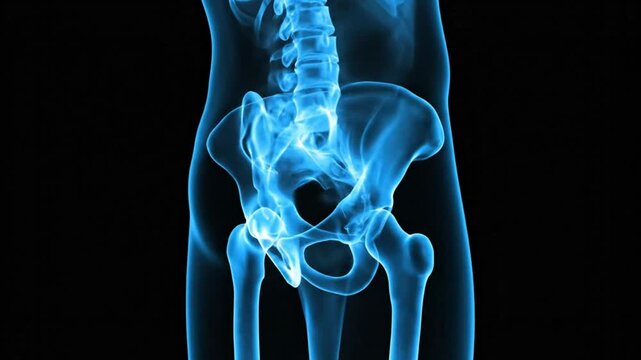 Anatomical Visualization of Human Pelvic Girdle and Lumbar Spine in Glowing Blue Against Black Background