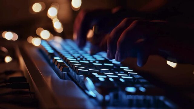 Cyberpunk Lofi Workspace with Glowing Mechanical Keyboard and Anonymous Hands Typing at Night