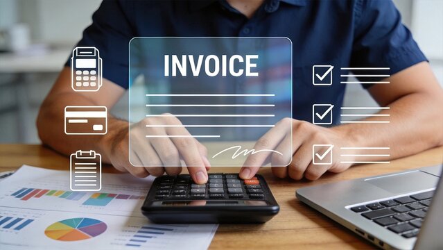 Invoice payment calculation concept, hands using calculator with financial documents and digital interface showing billing and accounting details