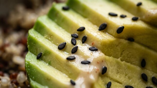 Extreme macro close up of sliced avocado with black sesame seeds.