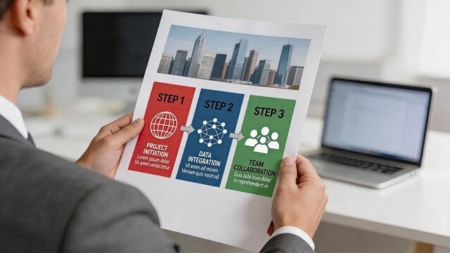 Man holding document showing three step project workflow process, business presentation with icons for initiation data integration team collaboration in professional office